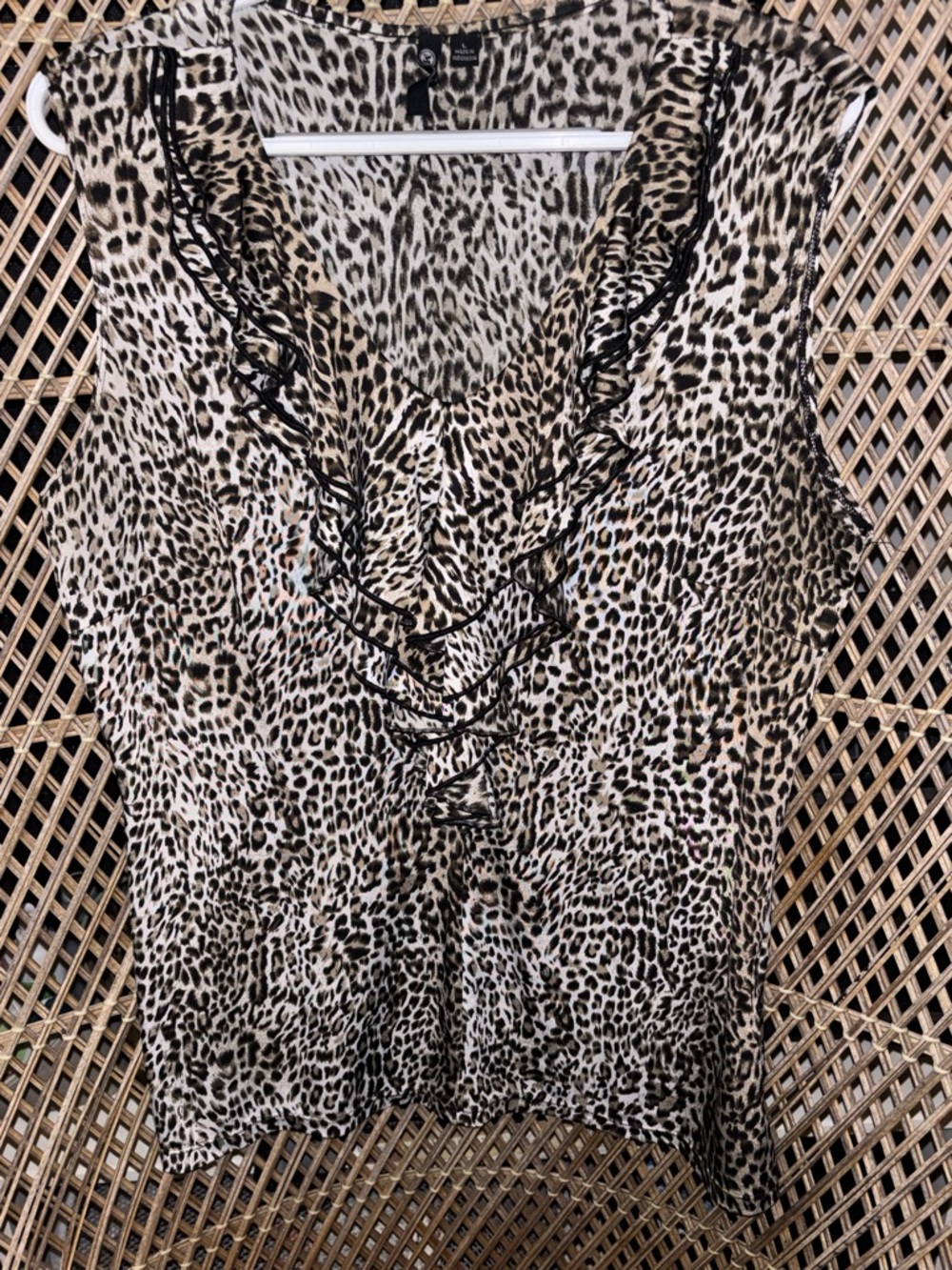 Milano Beige and Black Leopard-Print Ruffle V-Neck Tank